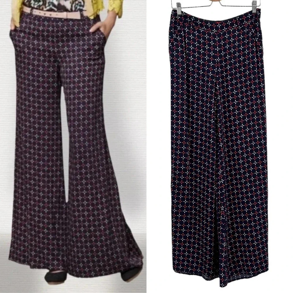 Anthropologie Cartonnier Pants Geometric Print Wide Leg Rayon Navy Blue Size 4‎